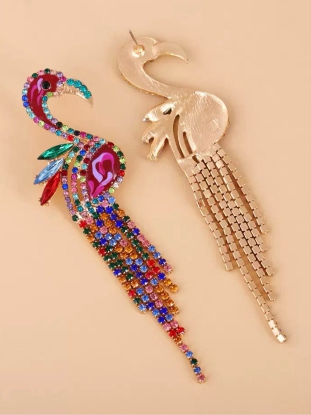 New Natasha Colorful Flamingo Drop Earrings - Red Multi-Color Crystal Fringe - Picture 12 of 14